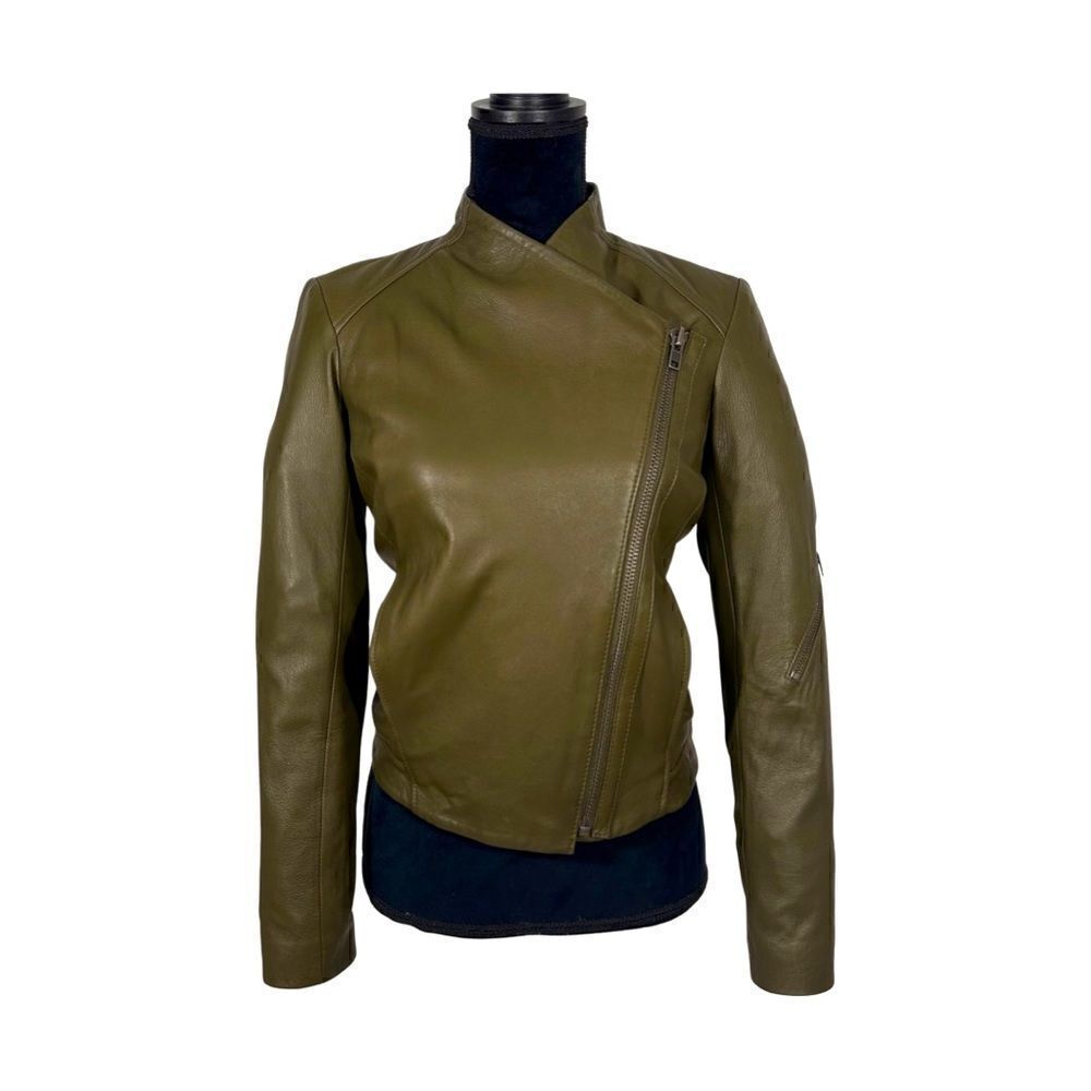 Helmut Lang Lambskin Leather Moto Biker Jacket In Olive Green Sz Small